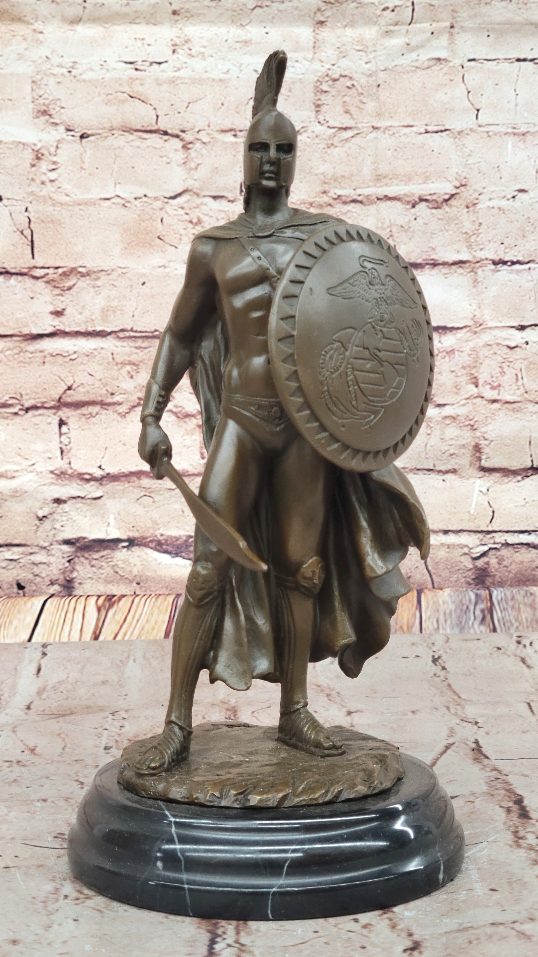 Spartan Greek Warrior w/ US Marine Corps Logo Bronze 12" x 6"
