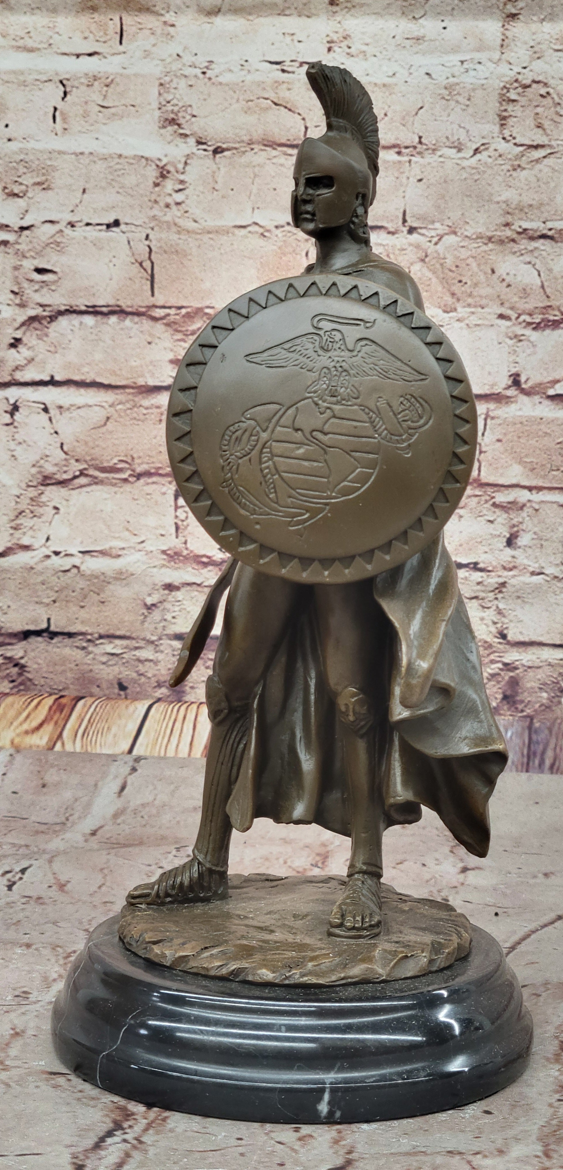 Spartan Greek Warrior w/ US Marine Corps Logo Bronze 12" x 6"