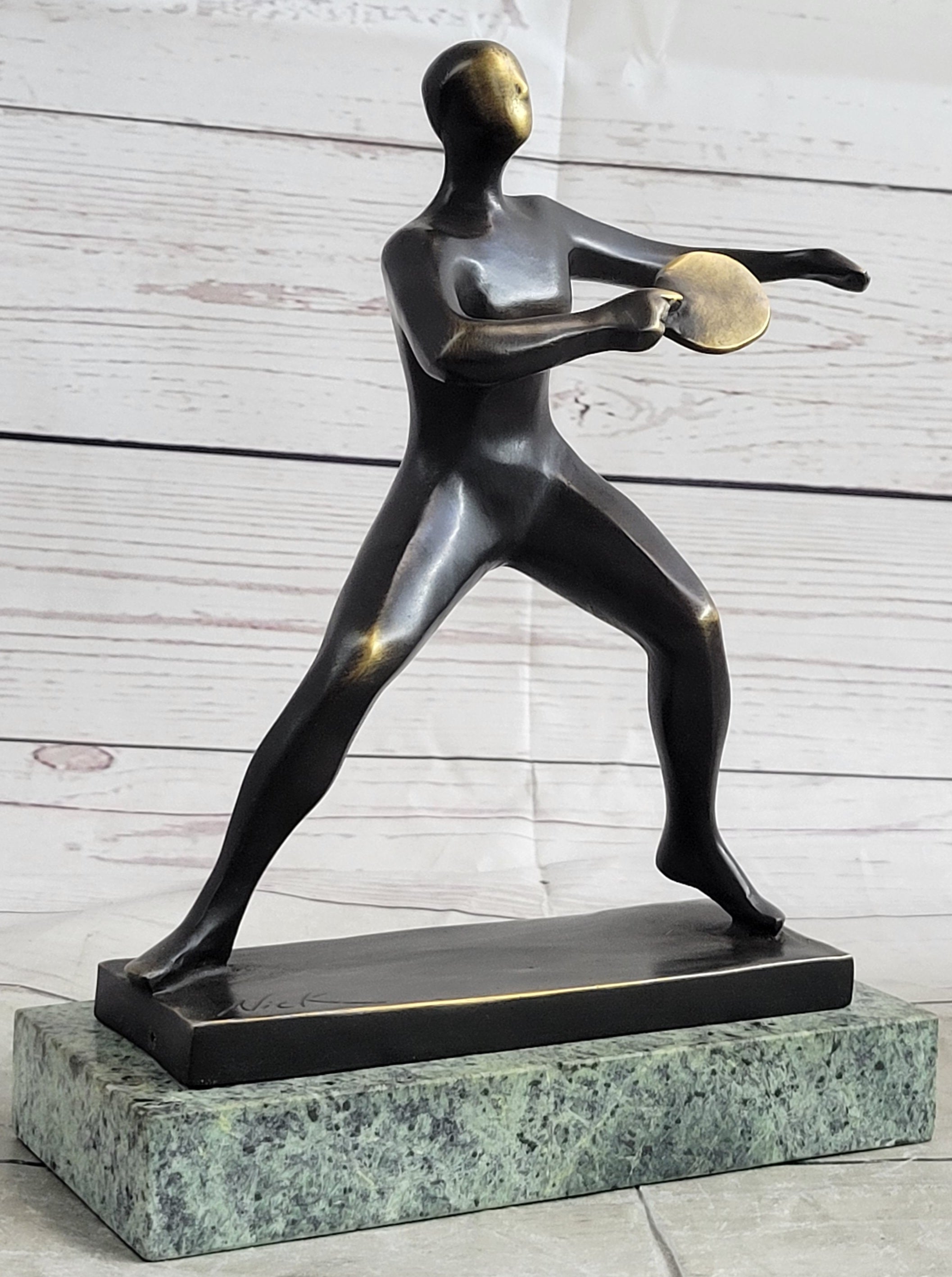 Ping Pong Bronze Metal Sculpture on Green Marble Base