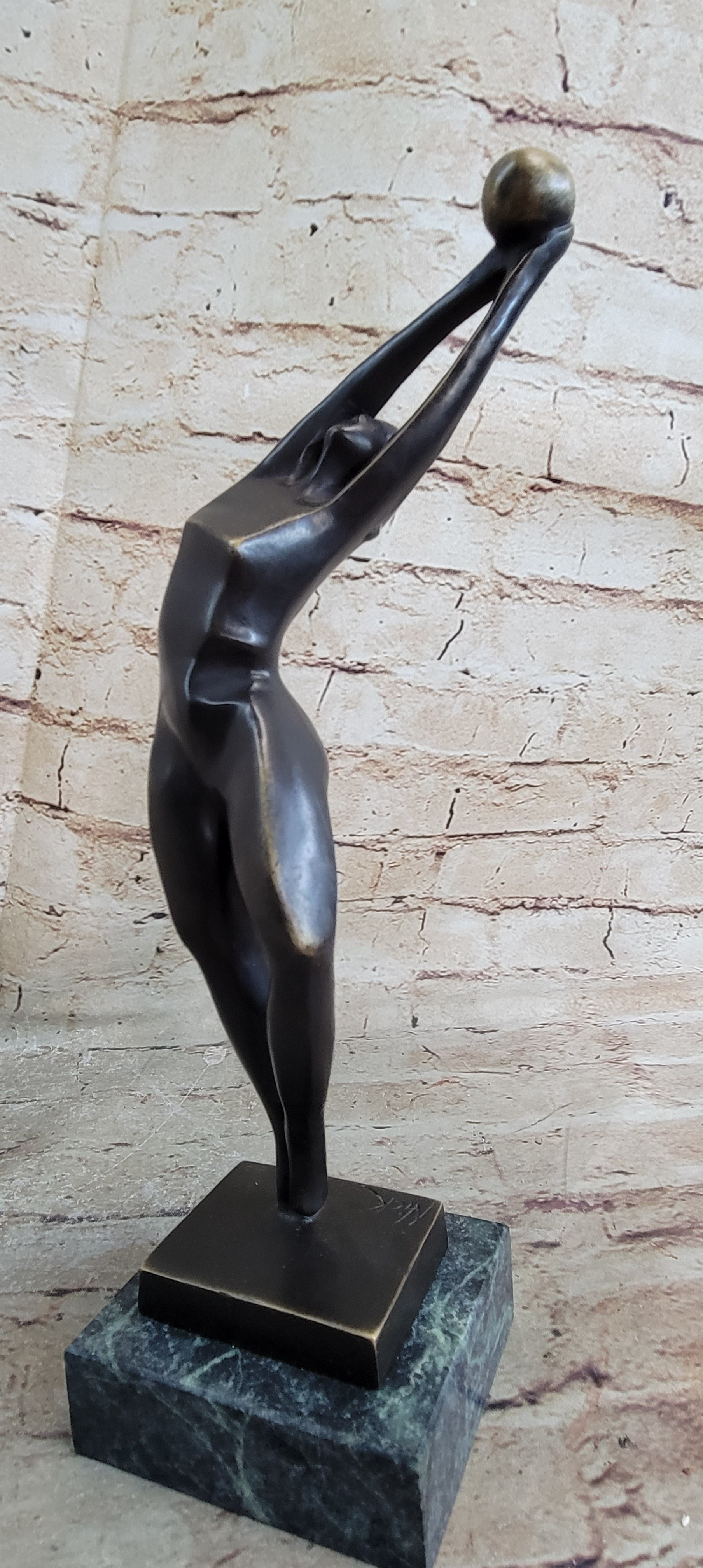 Signed Abstract Modern Art Basketball Player Bronze Sculpture