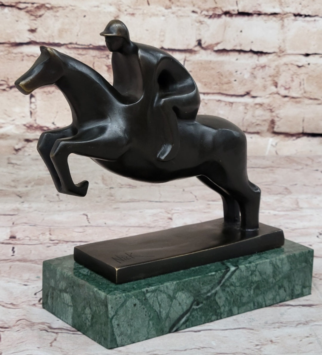 Signed Mario Nick Sport Jockey on Horse Bronze Sculpture