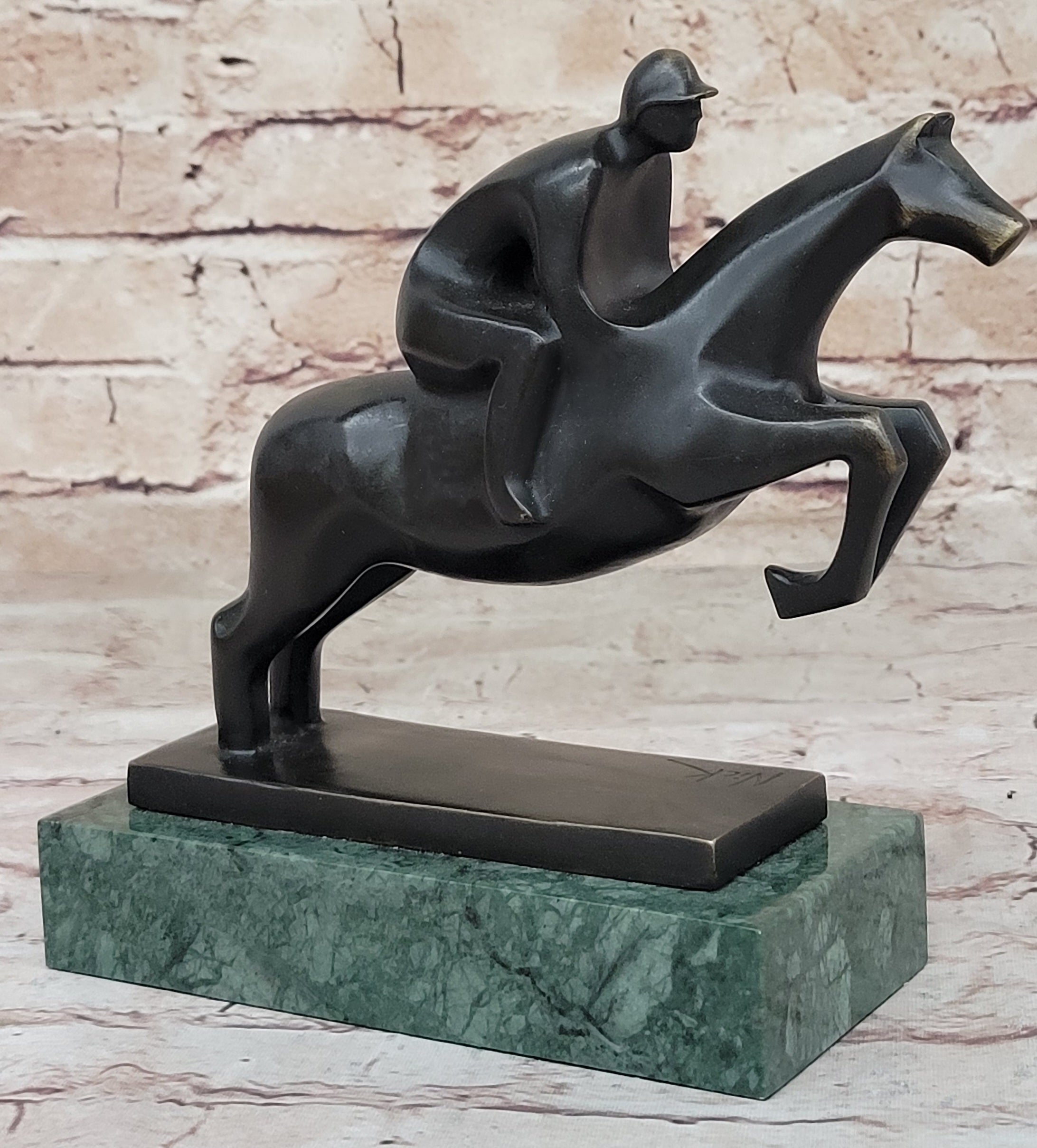 Signed Mario Nick Sport Jockey on Horse Bronze Sculpture