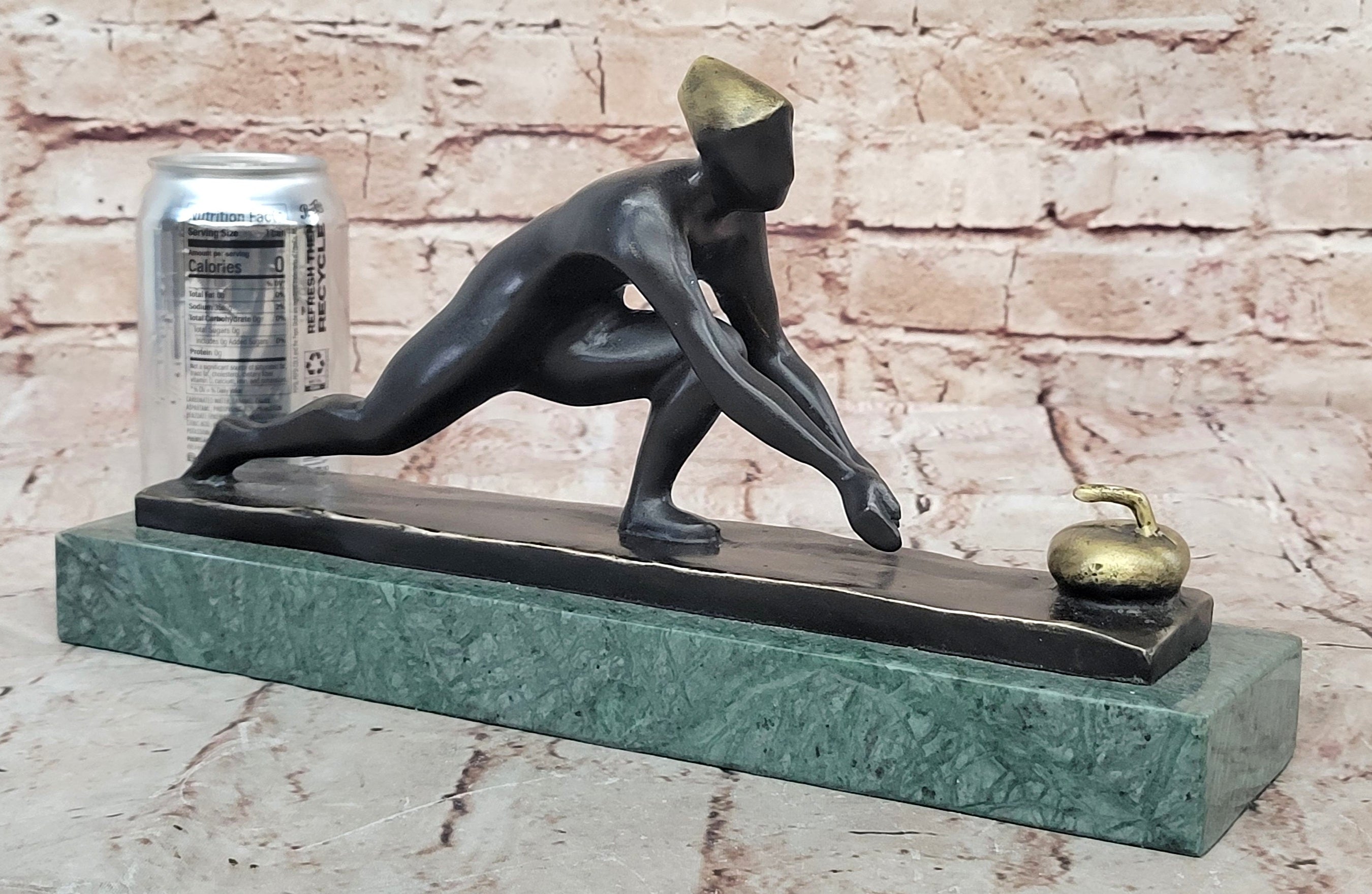 Bronze Curling Player Sculpture on Marble Base