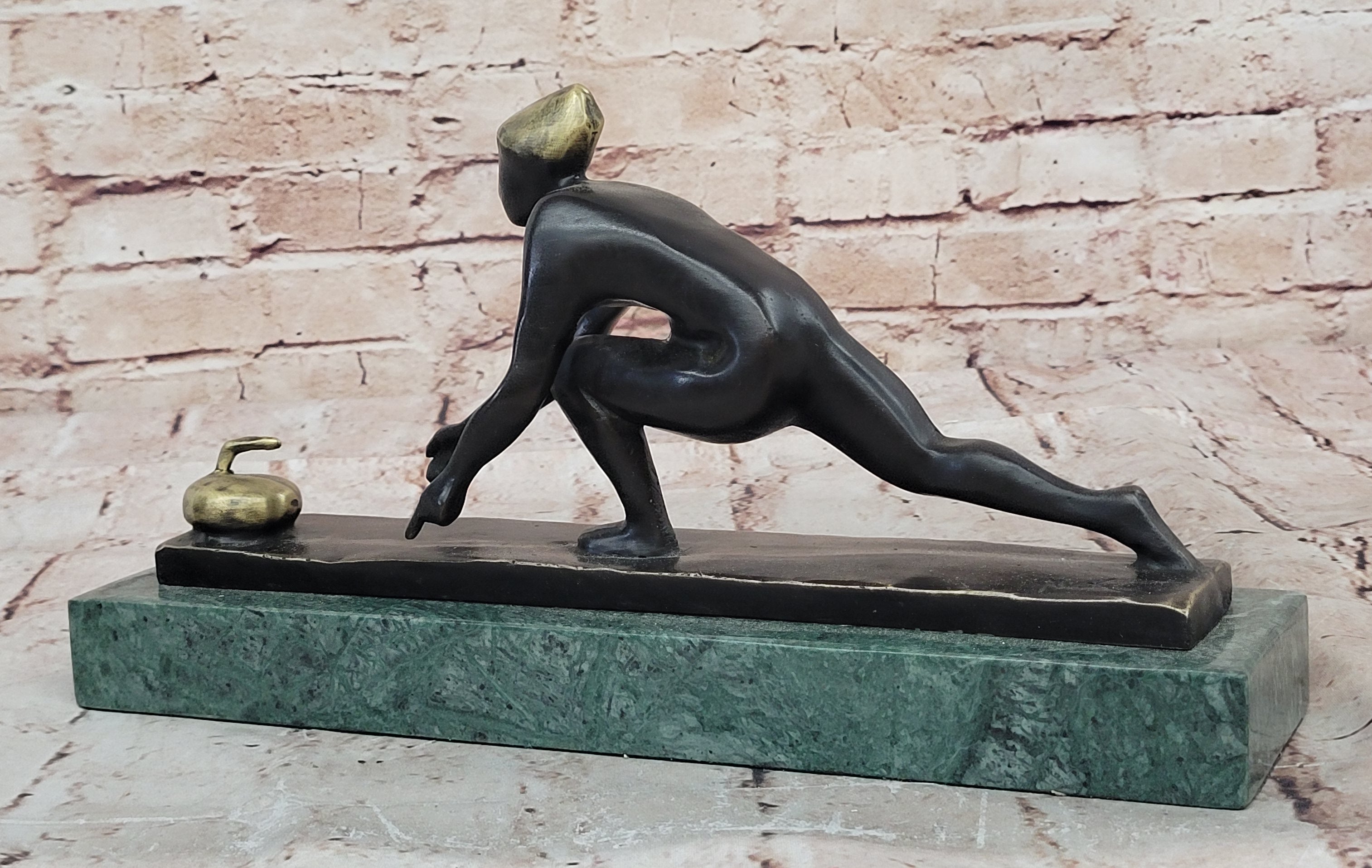 Bronze Curling Player Sculpture on Marble Base