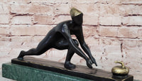 Bronze Curling Player Sculpture on Marble Base