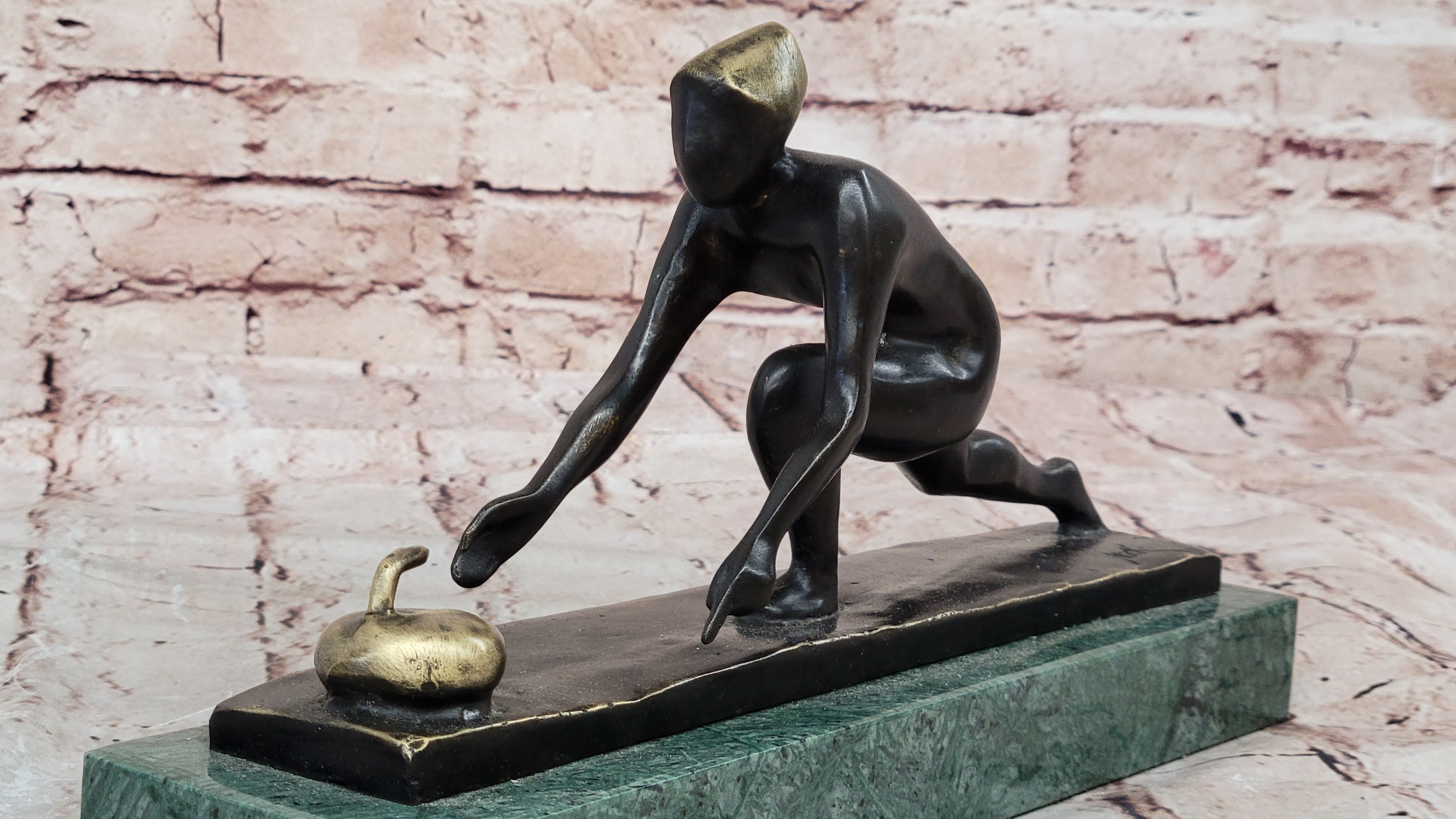 Bronze Curling Player Sculpture on Marble Base