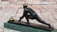 Bronze Curling Player Sculpture on Marble Base
