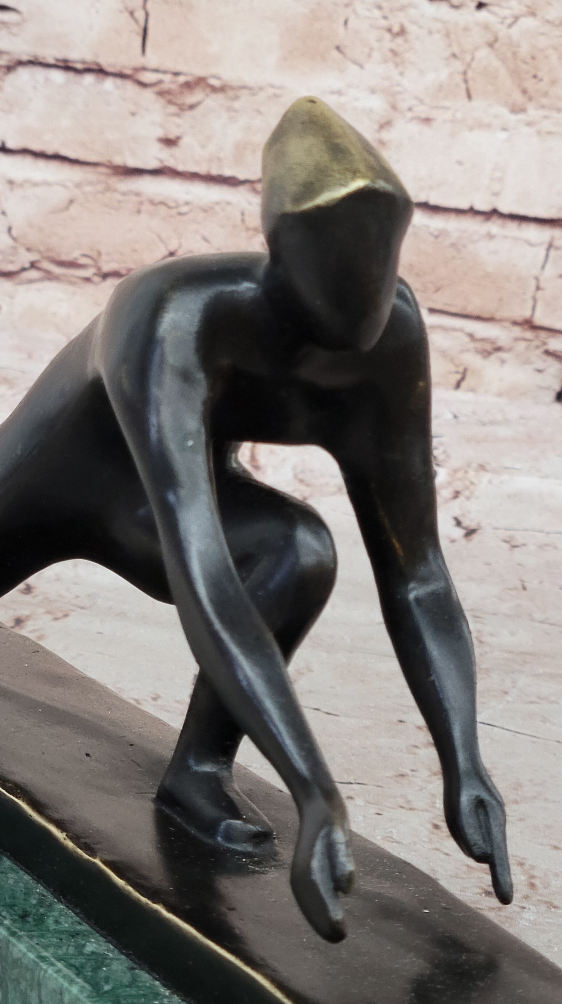 Bronze Curling Player Sculpture on Marble Base