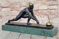 Bronze Curling Player Sculpture on Marble Base