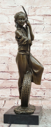 Signed Cesaro Young at Heart Girl Swinging Bronze Sculpture Hand Made Statue