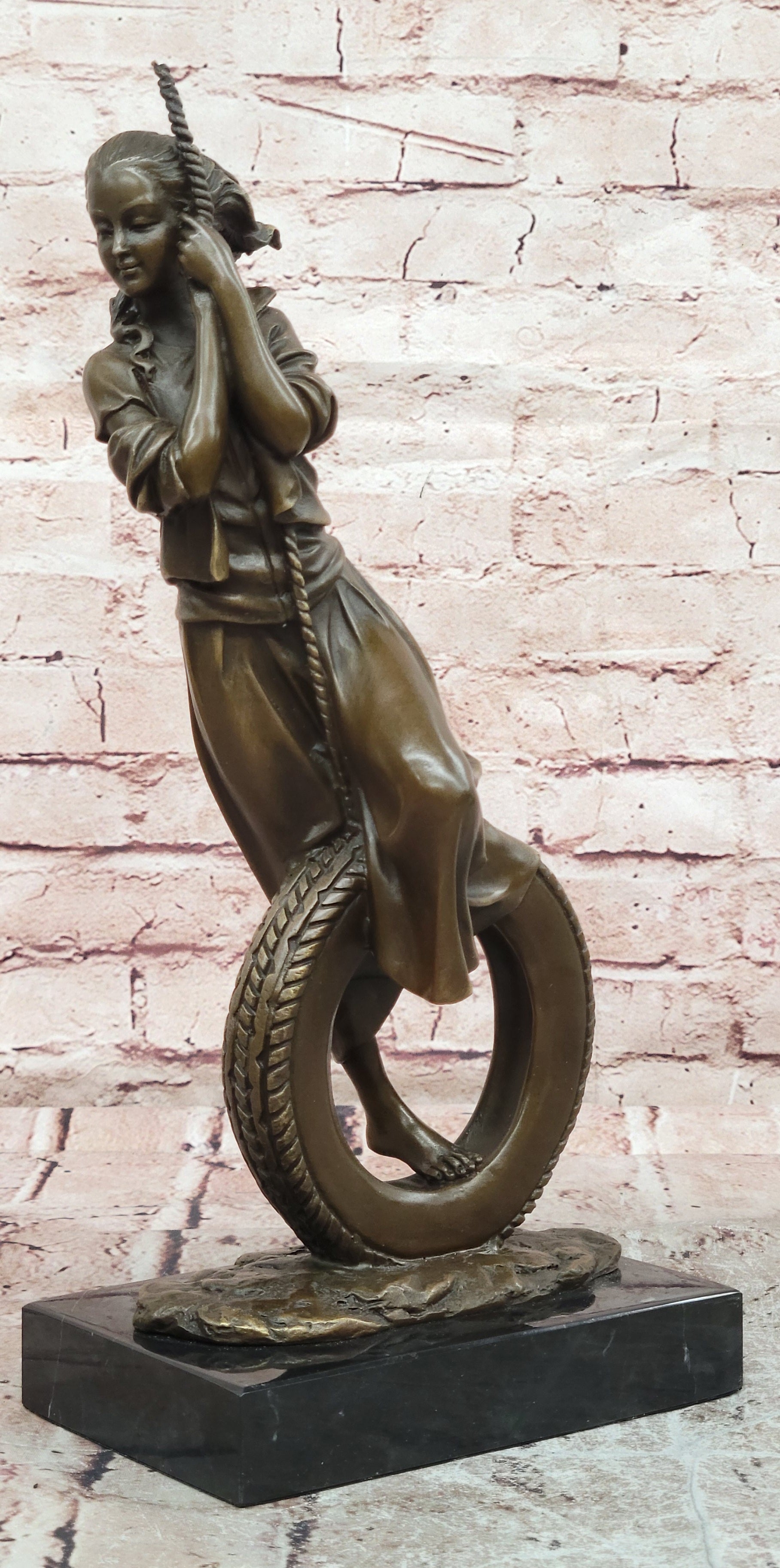 Signed Cesaro Young at Heart Girl Swinging Bronze Sculpture Hand Made Statue