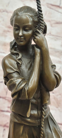 Signed Cesaro Young at Heart Girl Swinging Bronze Sculpture Hand Made Statue