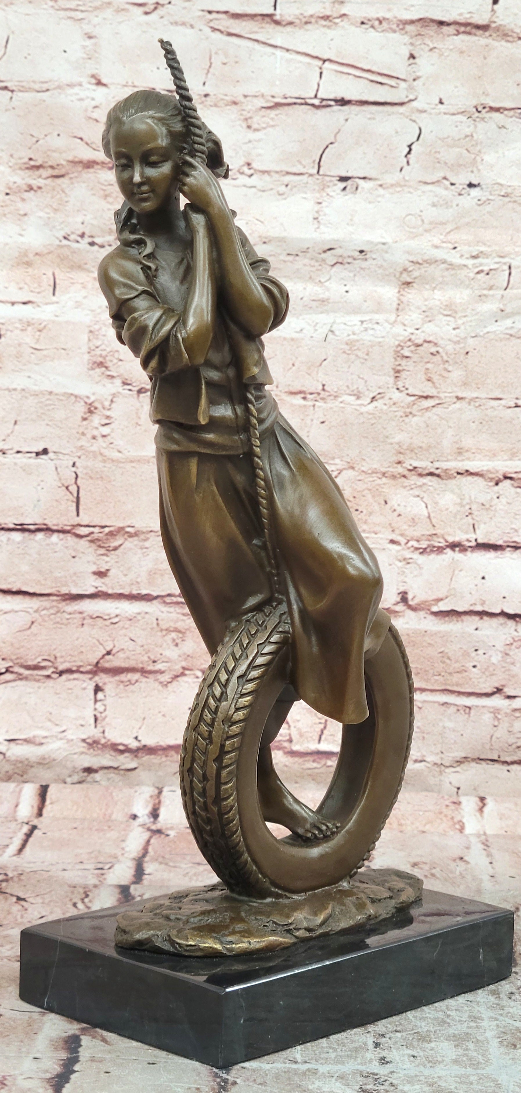 Signed Cesaro Young at Heart Girl Swinging Bronze Sculpture Hand Made Statue