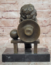 Young Girl Sitting on Bench Figurine Bronze Sculpture by J.Clara Signed
