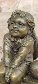 Young Girl Sitting on Bench Figurine Bronze Sculpture by J.Clara Signed