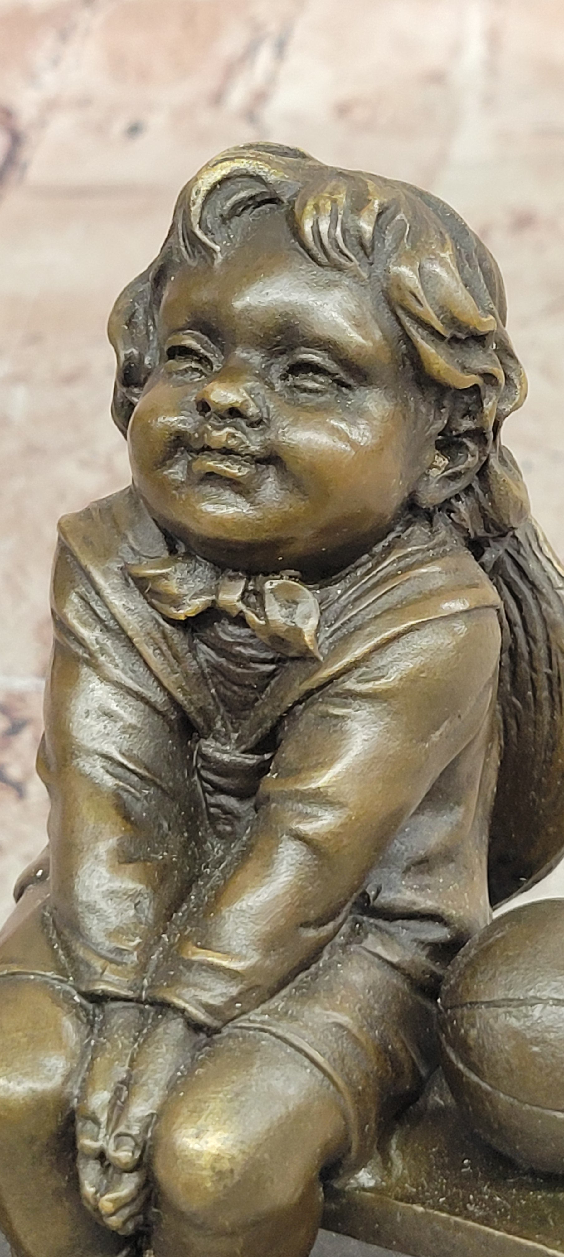 Young Girl Sitting on Bench Figurine Bronze Sculpture by J.Clara Signed