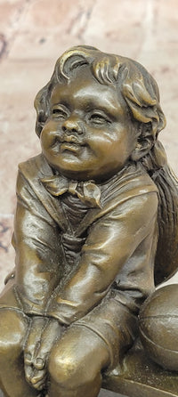 Young Girl Sitting on Bench Figurine Bronze Sculpture by J.Clara Signed