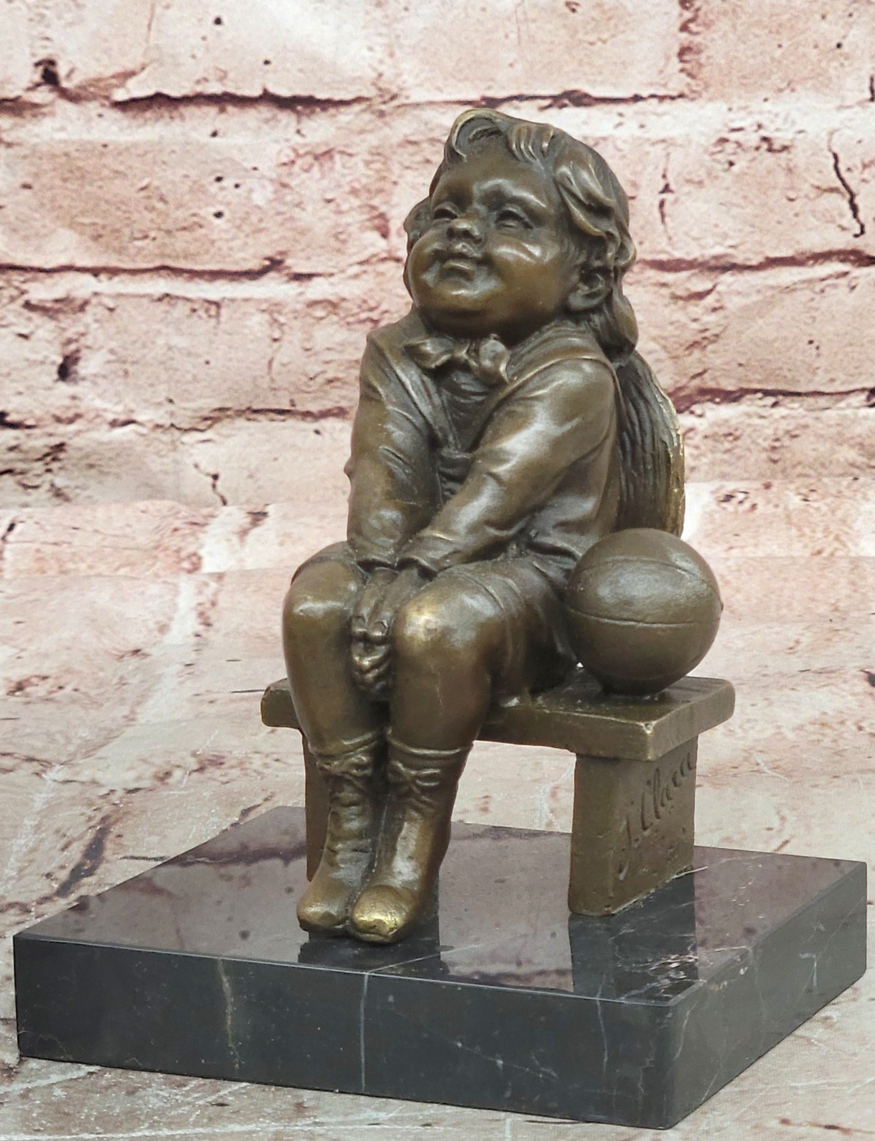 Young Girl Sitting on Bench Figurine Bronze Sculpture by J.Clara Signed