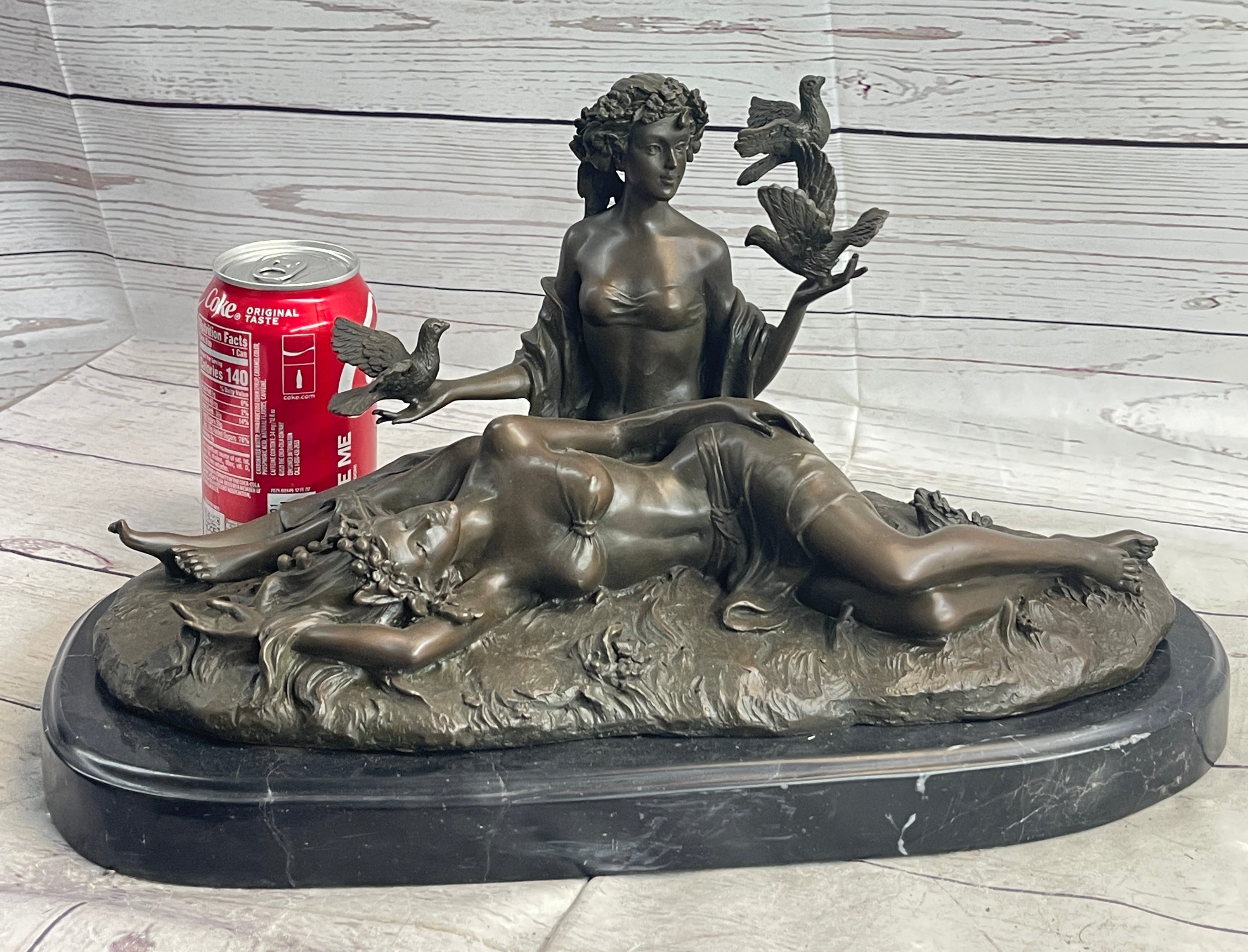 Two Sensual Semi Nude Women w/ Birds Bronze Sculpture Signed Art