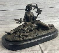 Two Sensual Semi Nude Women w/ Birds Bronze Sculpture Signed Art