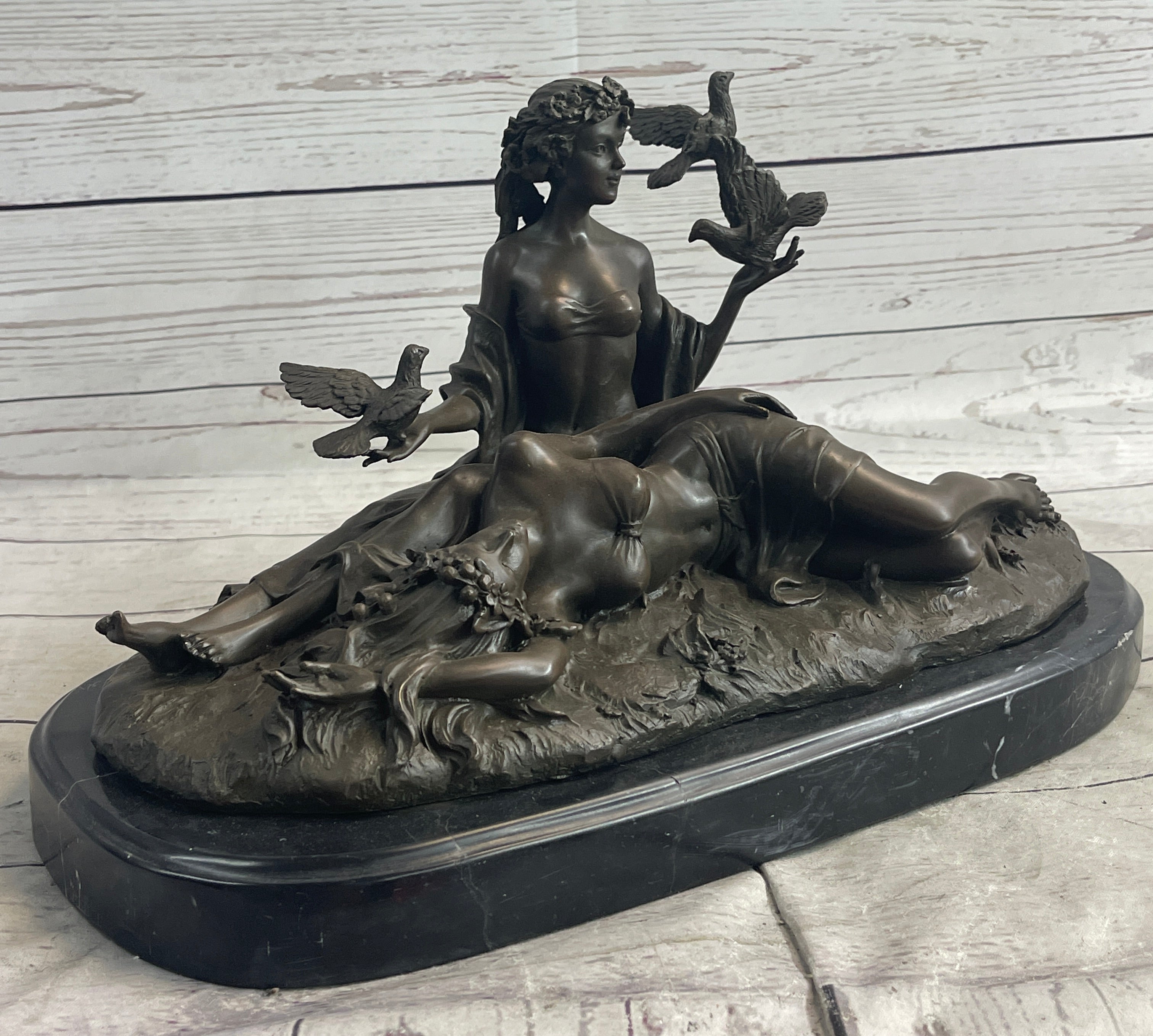 Two Sensual Semi Nude Women w/ Birds Bronze Sculpture Signed Art