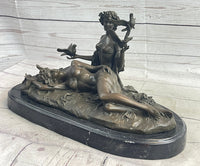 Two Sensual Semi Nude Women w/ Birds Bronze Sculpture Signed Art