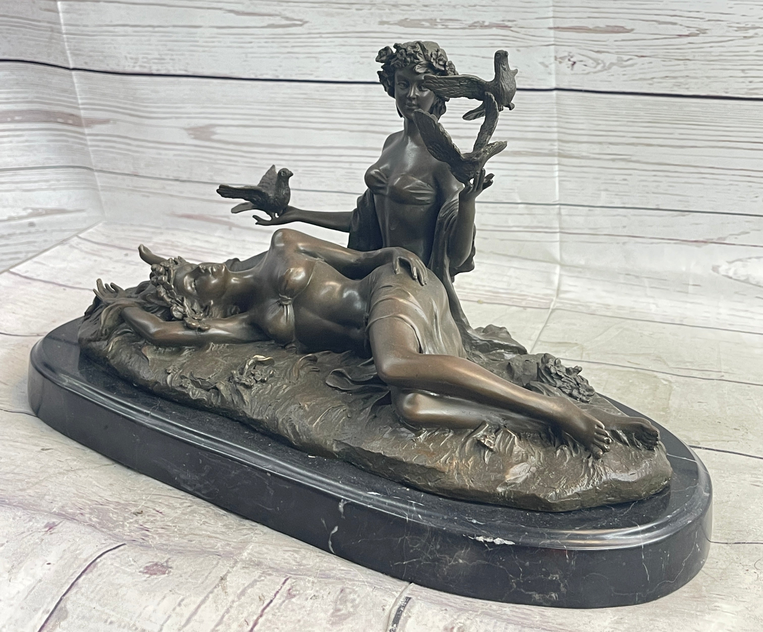 Two Sensual Semi Nude Women w/ Birds Bronze Sculpture Signed Art