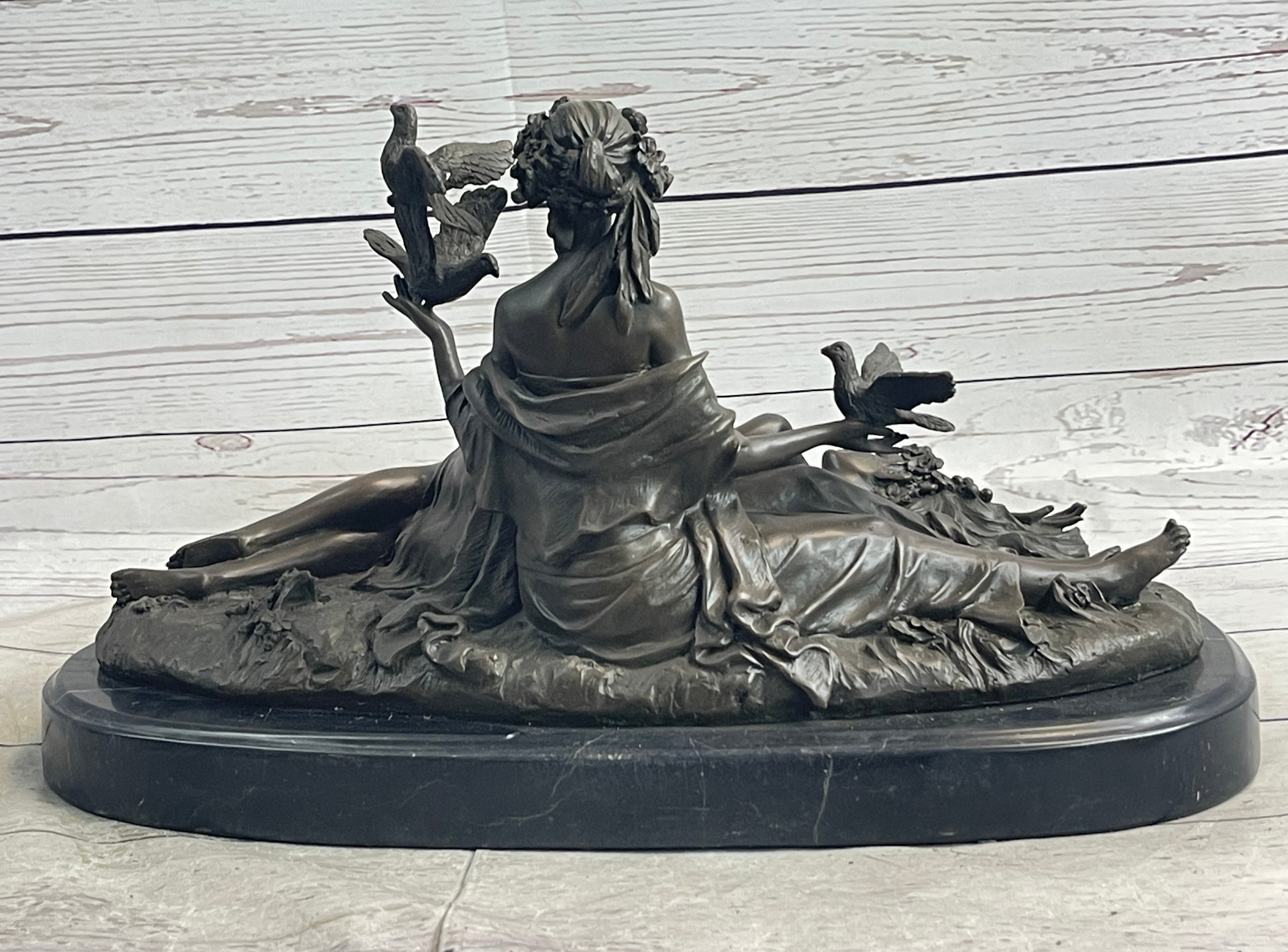 Two Sensual Semi Nude Women w/ Birds Bronze Sculpture Signed Art