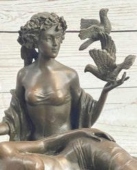 Two Sensual Semi Nude Women w/ Birds Bronze Sculpture Signed Art