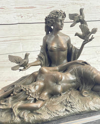Two Sensual Semi Nude Women w/ Birds Bronze Sculpture Signed Art