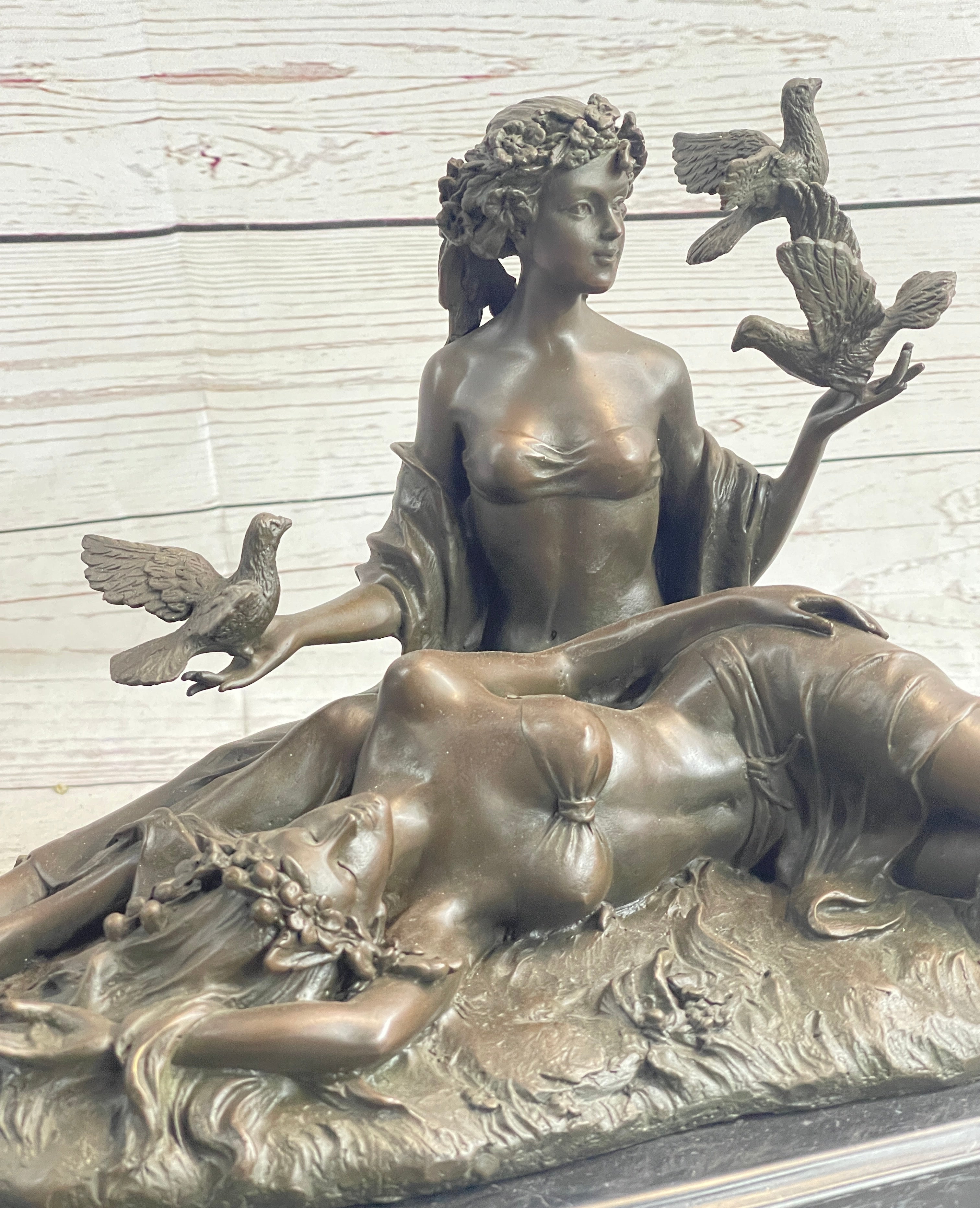 Two Sensual Semi Nude Women w/ Birds Bronze Sculpture Signed Art