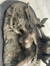 Two Sensual Semi Nude Women w/ Birds Bronze Sculpture Signed Art