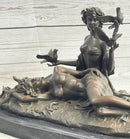 Two Sensual Semi Nude Women w/ Birds Bronze Sculpture Signed Art