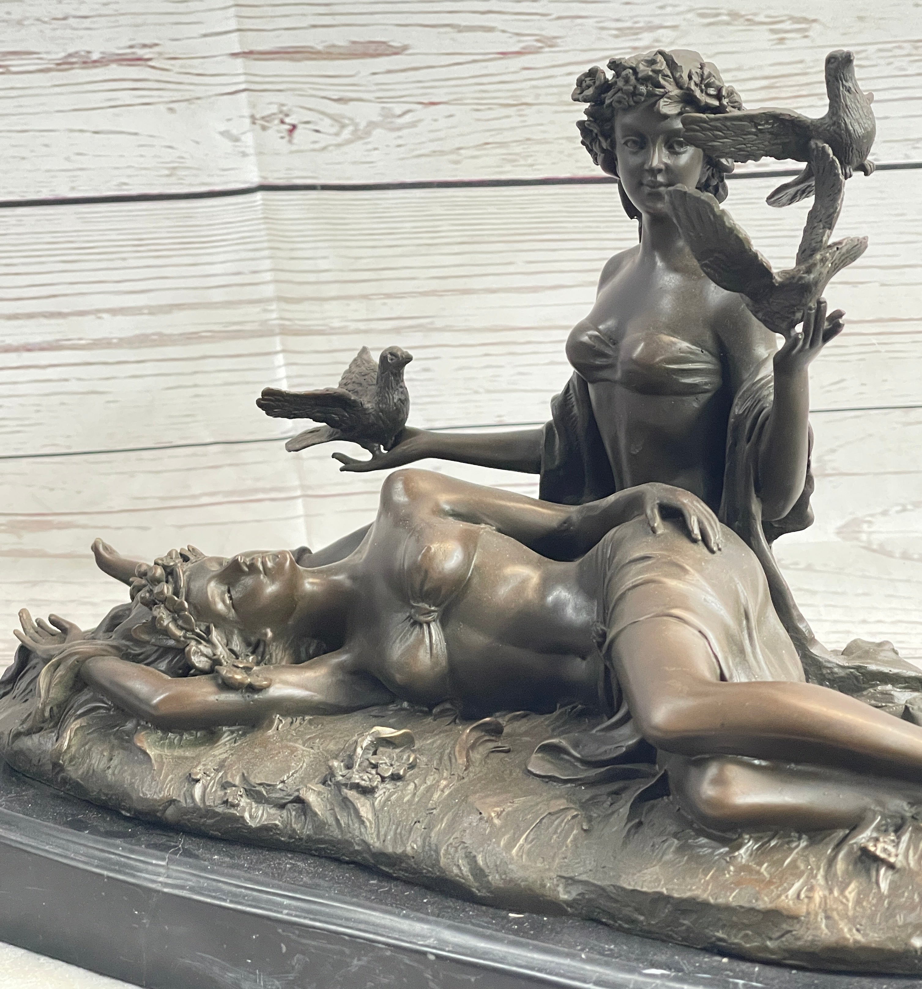 Two Sensual Semi Nude Women w/ Birds Bronze Sculpture Signed Art