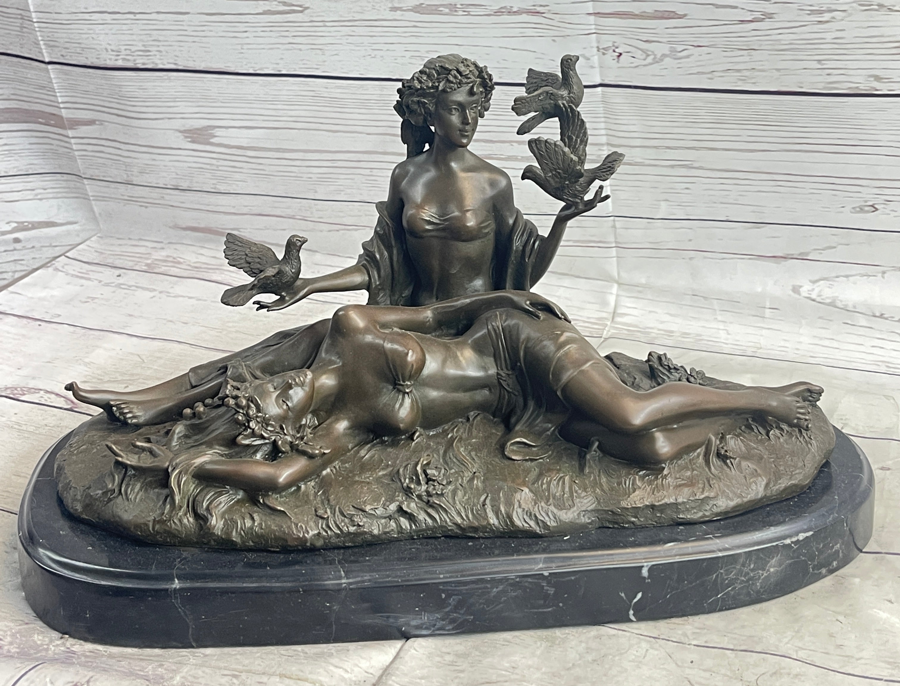 Two Sensual Semi Nude Women w/ Birds Bronze Sculpture Signed Art