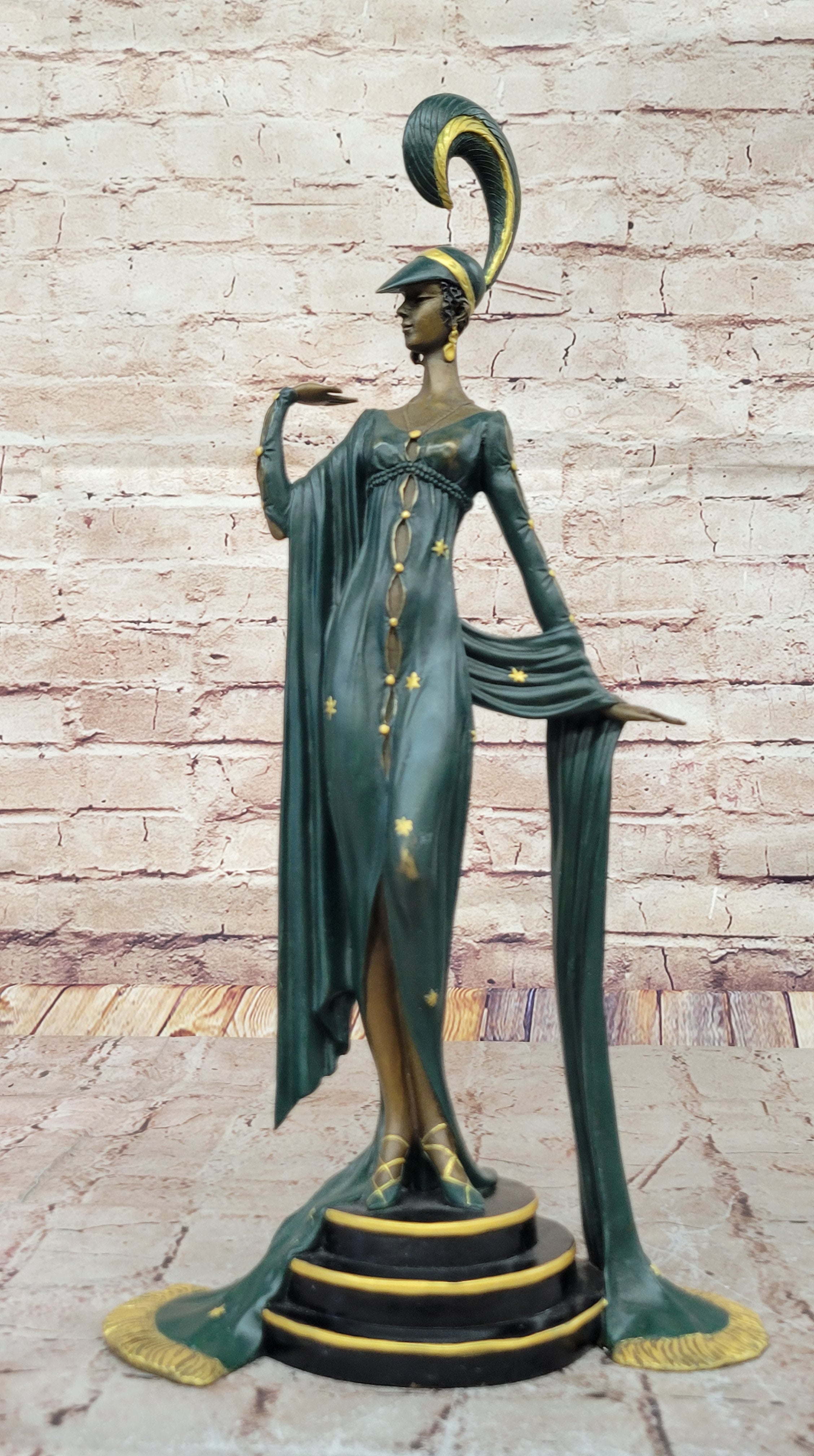 J. Erte Art Deco Bronze Lady in Flowing Gown on Marble Base