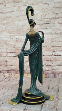 J. Erte Art Deco Bronze Lady in Flowing Gown on Marble Base