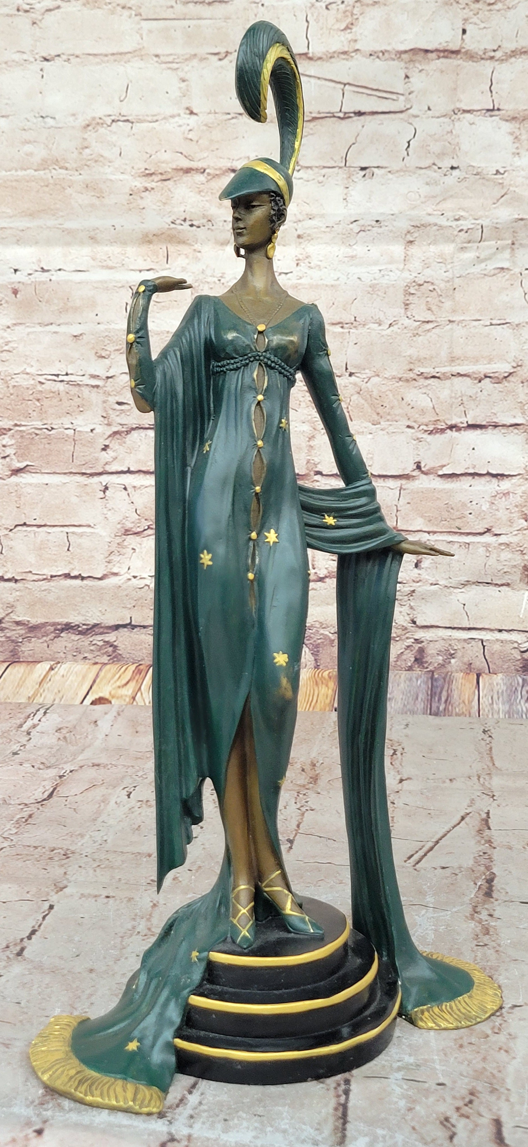 J. Erte Art Deco Bronze Lady in Flowing Gown on Marble Base