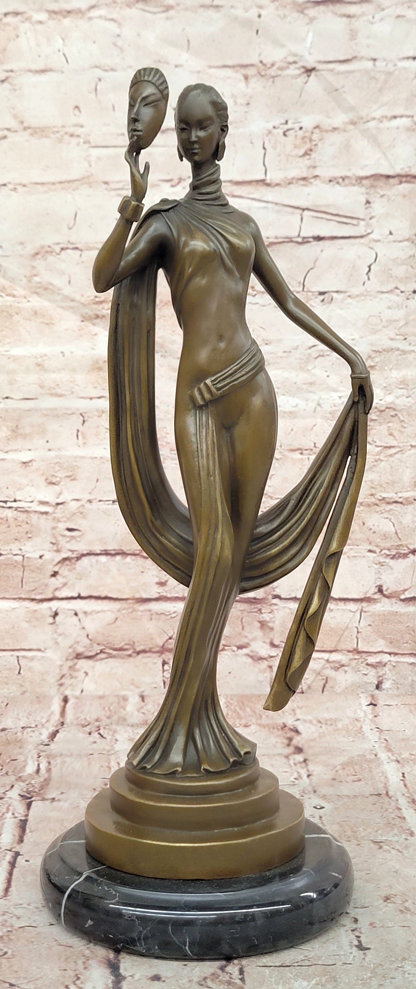 Art Deco Bronze Sculpture Dancer with Mask Signed J.Erte Figurine Statue