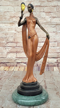 J. Erte Art Deco Bronze Lady with Mask on Marble Base