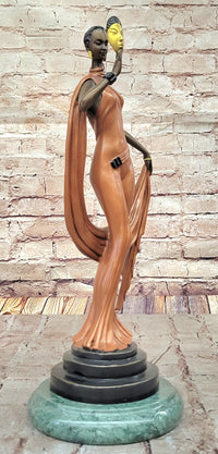 J. Erte Art Deco Bronze Lady with Mask on Marble Base
