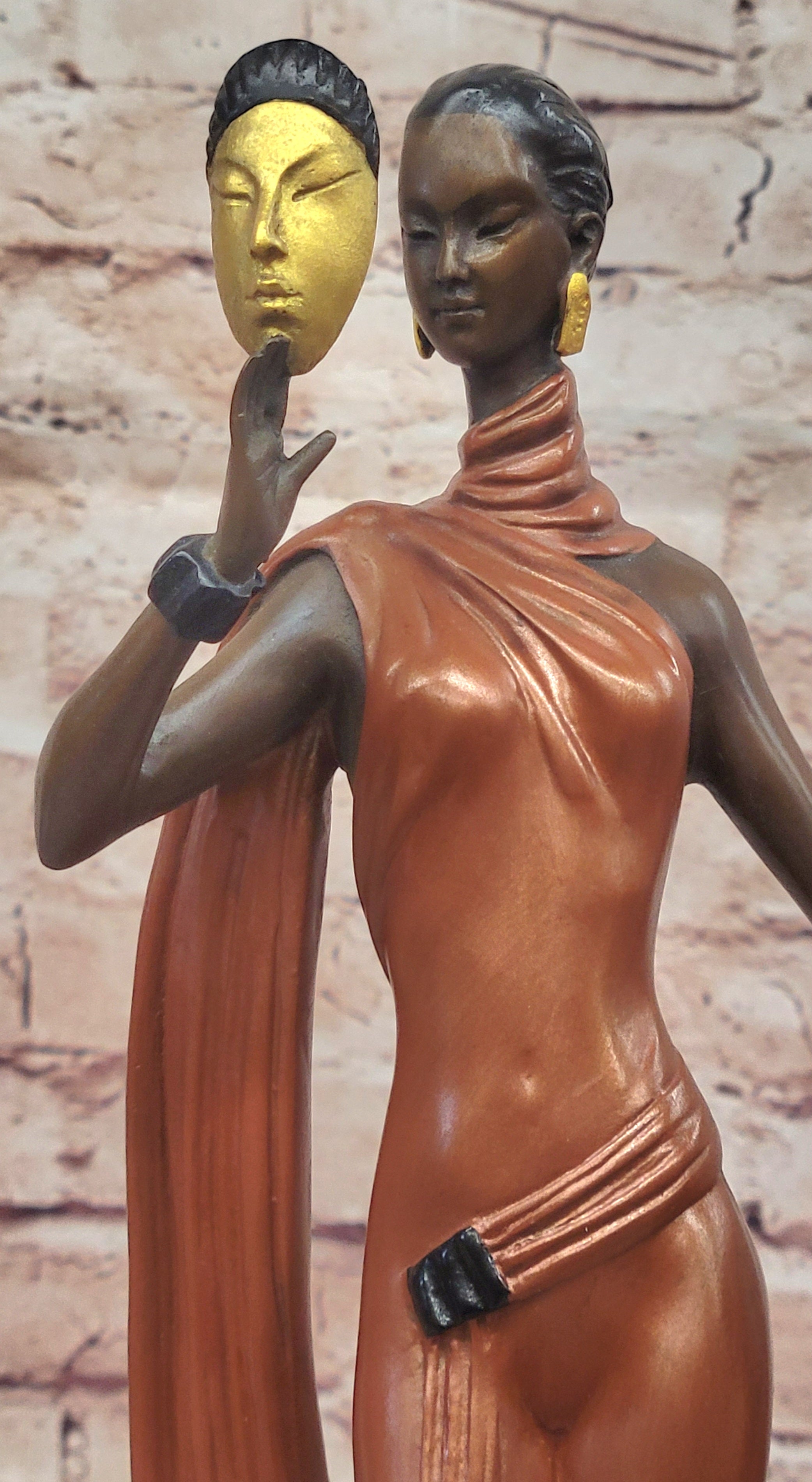 J. Erte Art Deco Bronze Lady with Mask on Marble Base