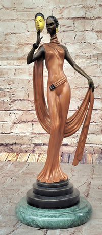 J. Erte Art Deco Bronze Lady with Mask on Marble Base