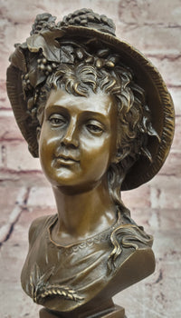 Hand Made Portrait Bust Art Nouveau Lady Woman Female by Juno Bronze Sculpture