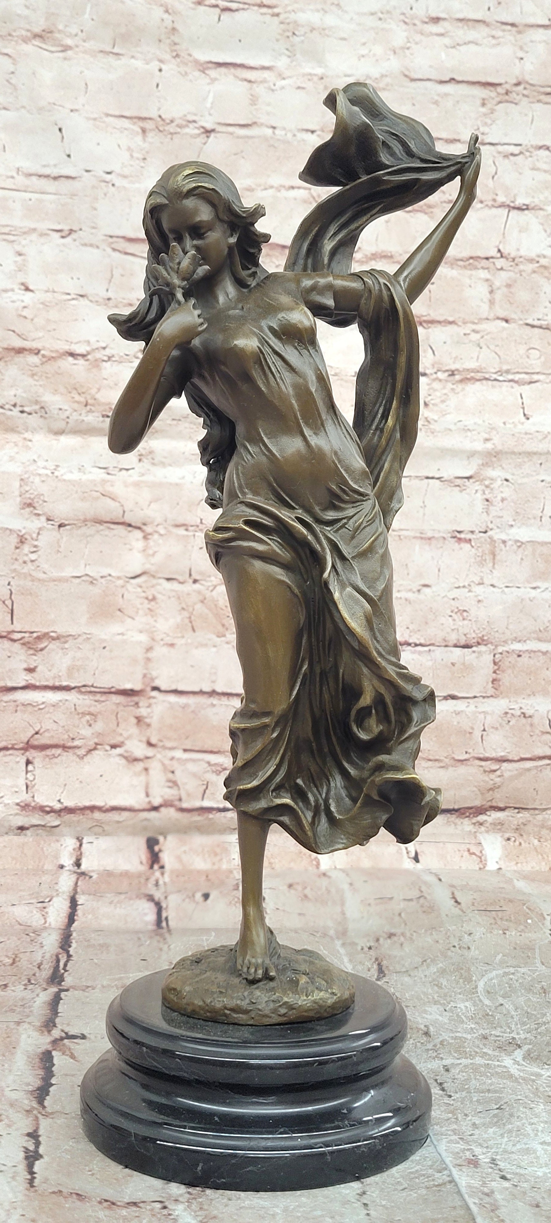 Signed Nick Bronze Sculpture Flower Woman Statue Female Art Deco Figurine