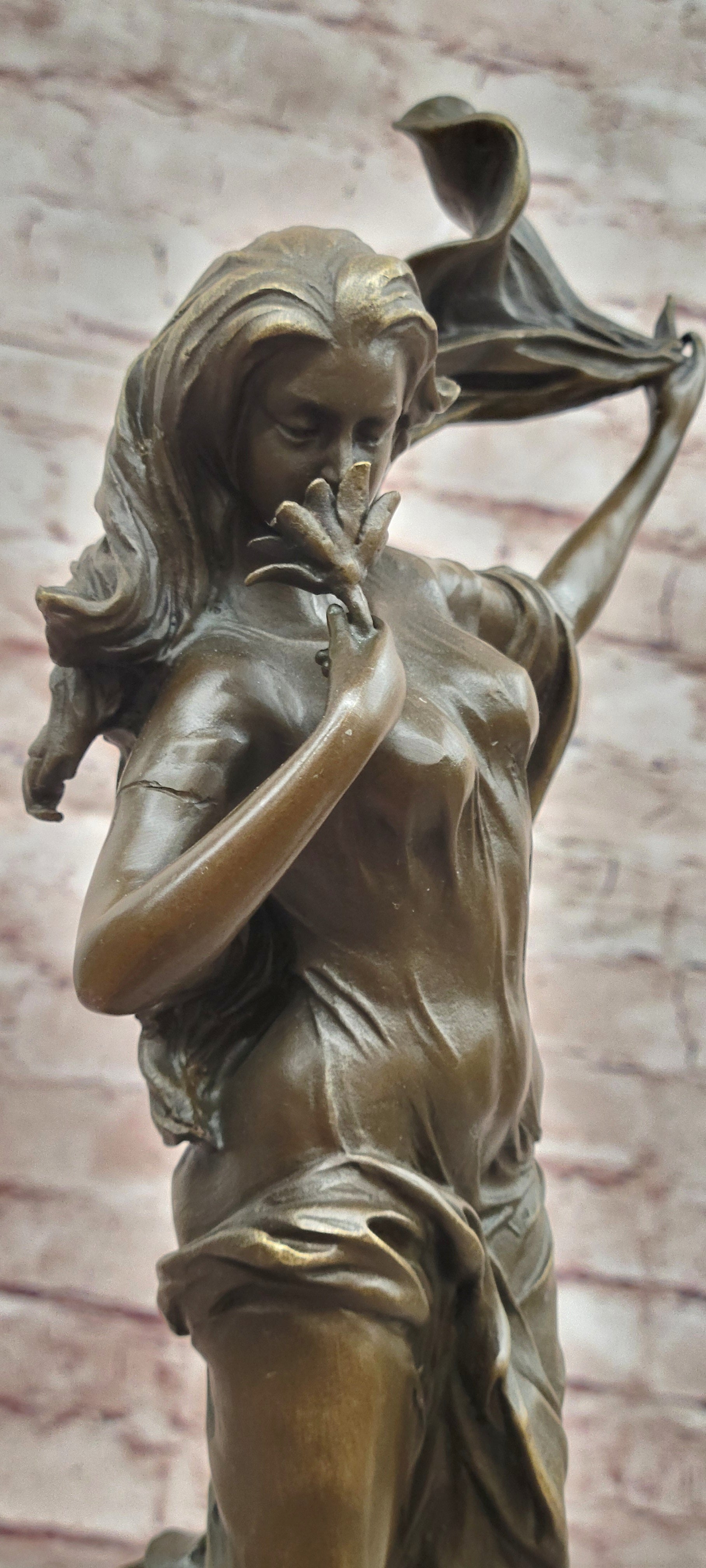 Signed Nick Bronze Sculpture Flower Woman Statue Female Art Deco Figurine