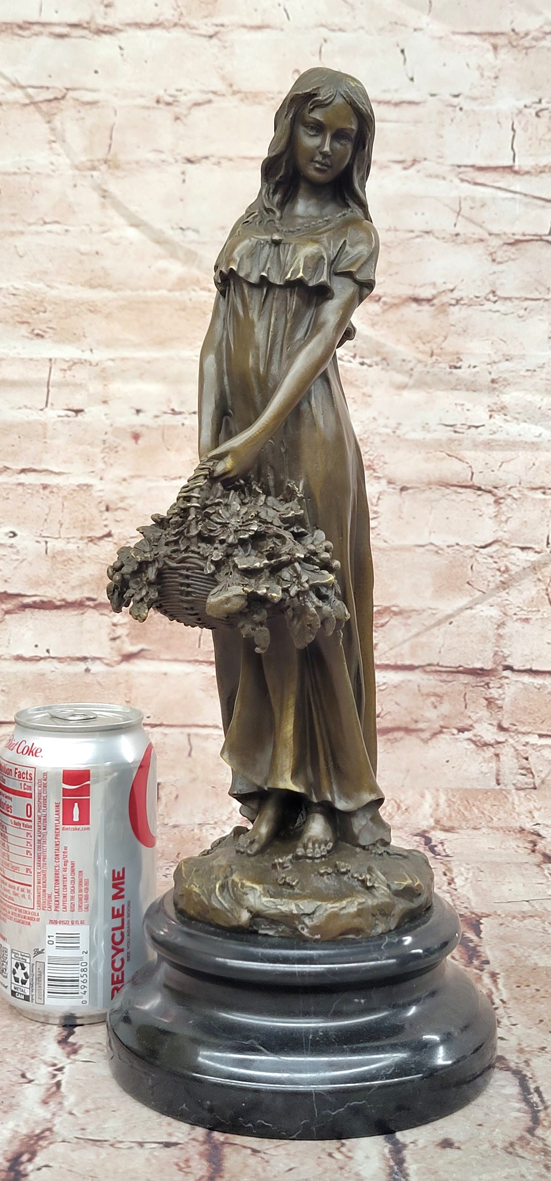 Bronze Sculpture of a Young Woman Holding a Basket of Flowers, Signed Milo Statue