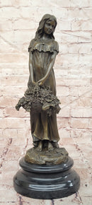 Bronze Sculpture of a Young Woman Holding a Basket of Flowers, Signed Milo Statue