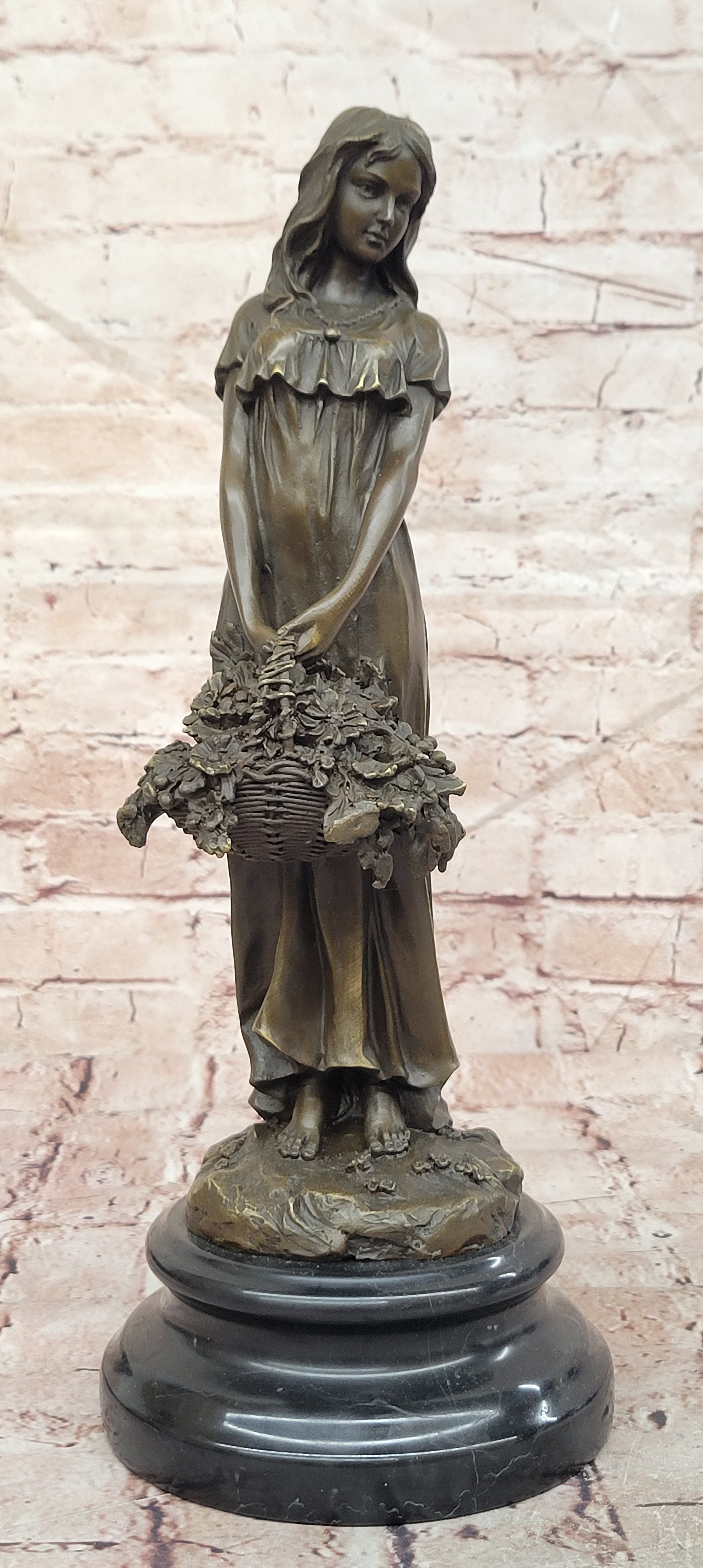 Bronze Sculpture of a Young Woman Holding a Basket of Flowers, Signed Milo Statue