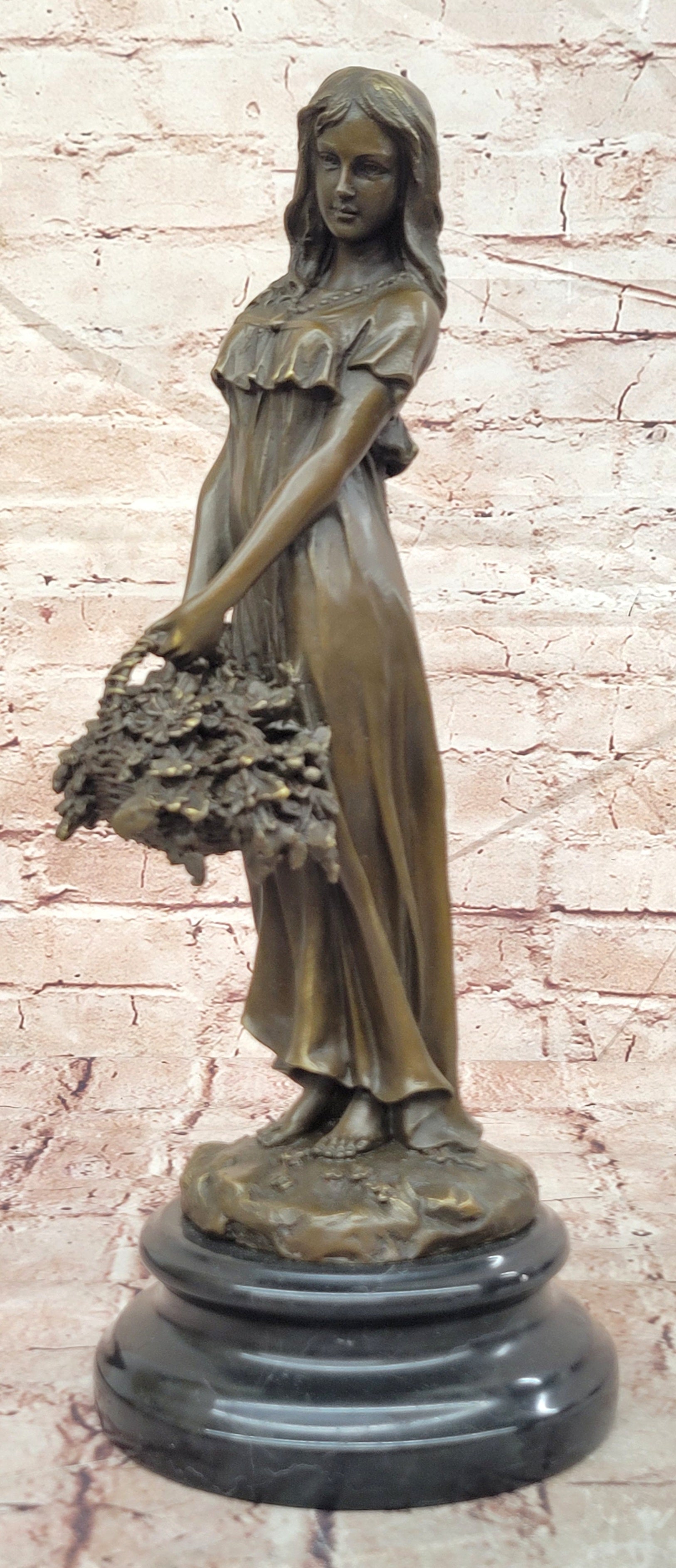 Bronze Sculpture of a Young Woman Holding a Basket of Flowers, Signed Milo Statue